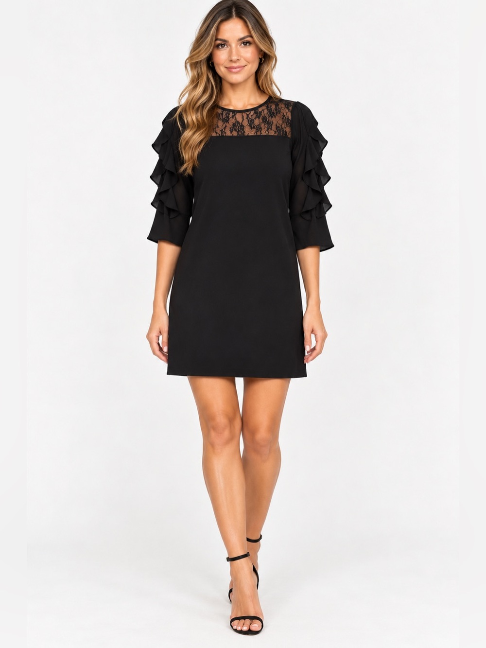 Philosophy Black Lace Ruffle Sleeve Shift Dress Cocktail Holiday XS